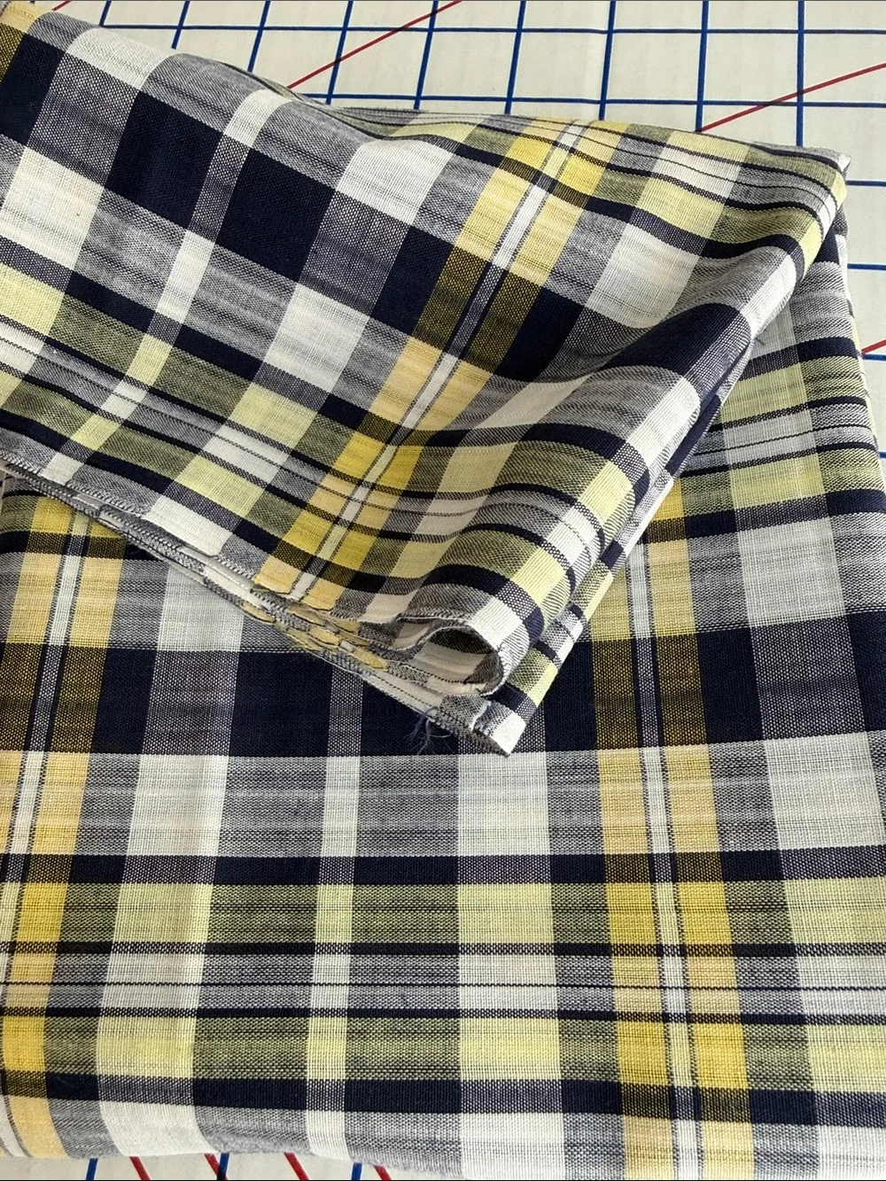Vintage Yarn-Dyed Plaid Fabric 1 Yard x 44 Plus Bonus Remnant Navy Gray Yellow
